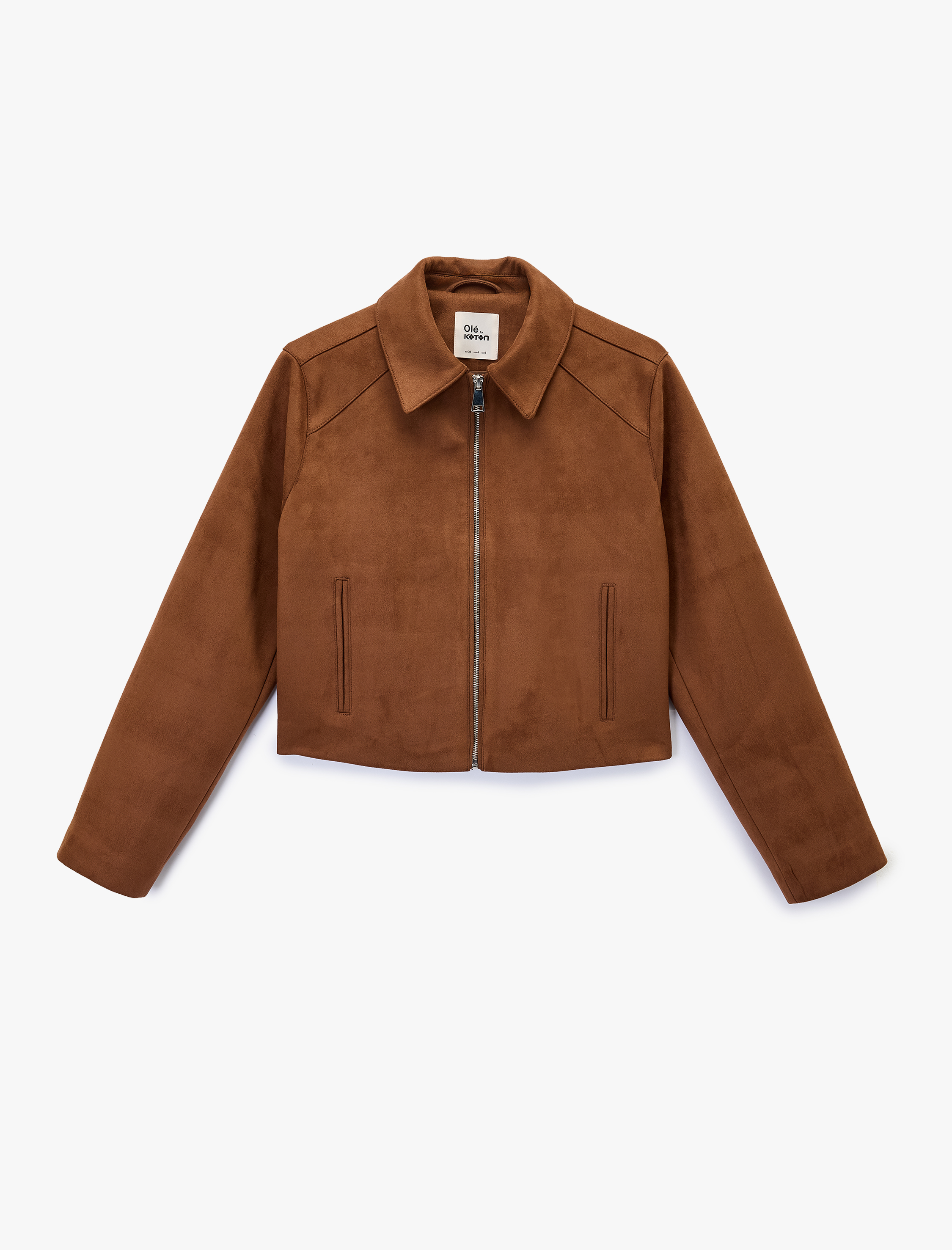   Fermuar Detaylı Uzun Kollu Klasik Yaka Cepli Suni Süet Ceket