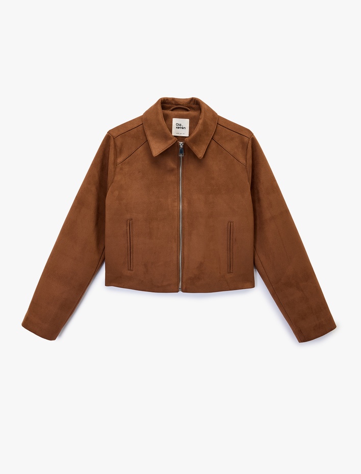  Fermuar Detaylı Uzun Kollu Klasik Yaka Cepli Suni Süet Ceket