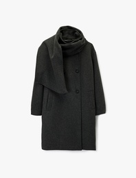 Uzun Kollu Cepli Düğmeli Kruvaze Atkılı Kaşe Kaban