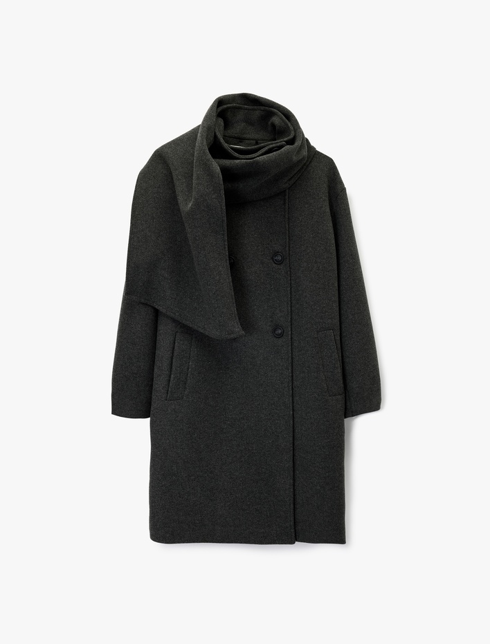  Uzun Kollu Cepli Düğmeli Kruvaze Atkılı Kaşe Kaban