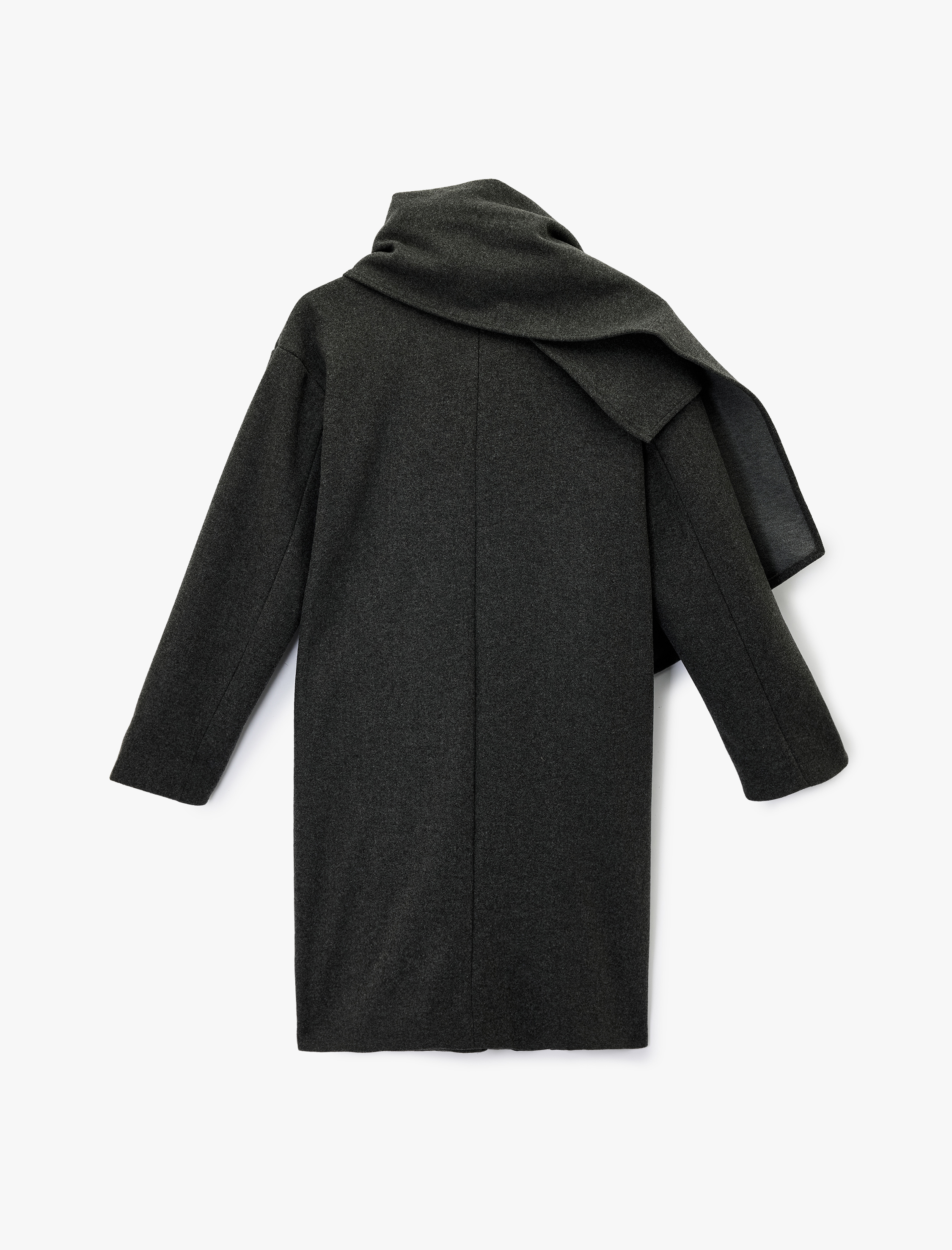   Uzun Kollu Cepli Düğmeli Kruvaze Atkılı Kaşe Kaban