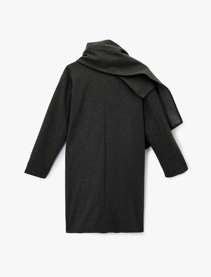  Uzun Kollu Cepli Düğmeli Kruvaze Atkılı Kaşe Kaban