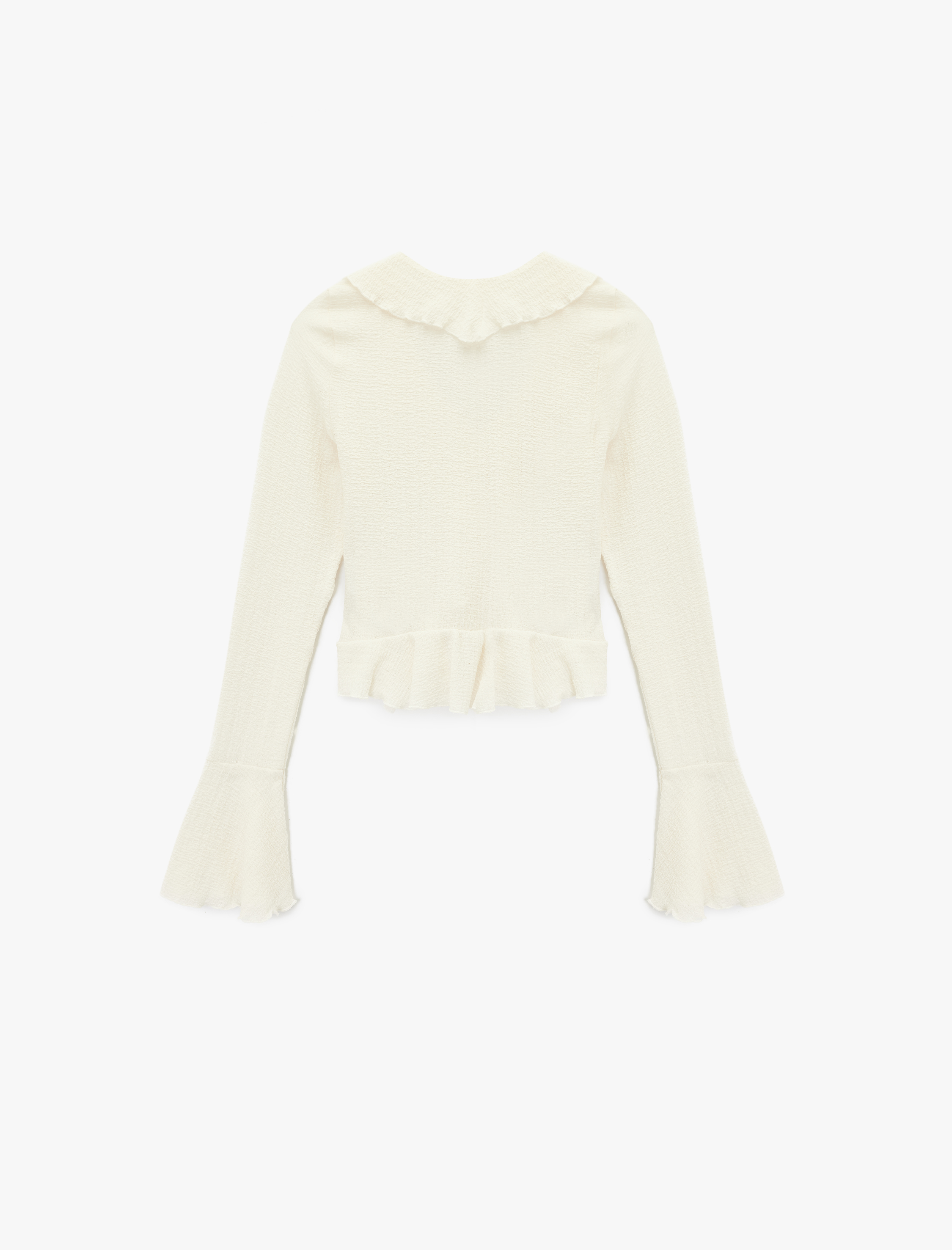   Fırfır Detaylı Uzun Kollu Slim Fit V Yaka Tişört