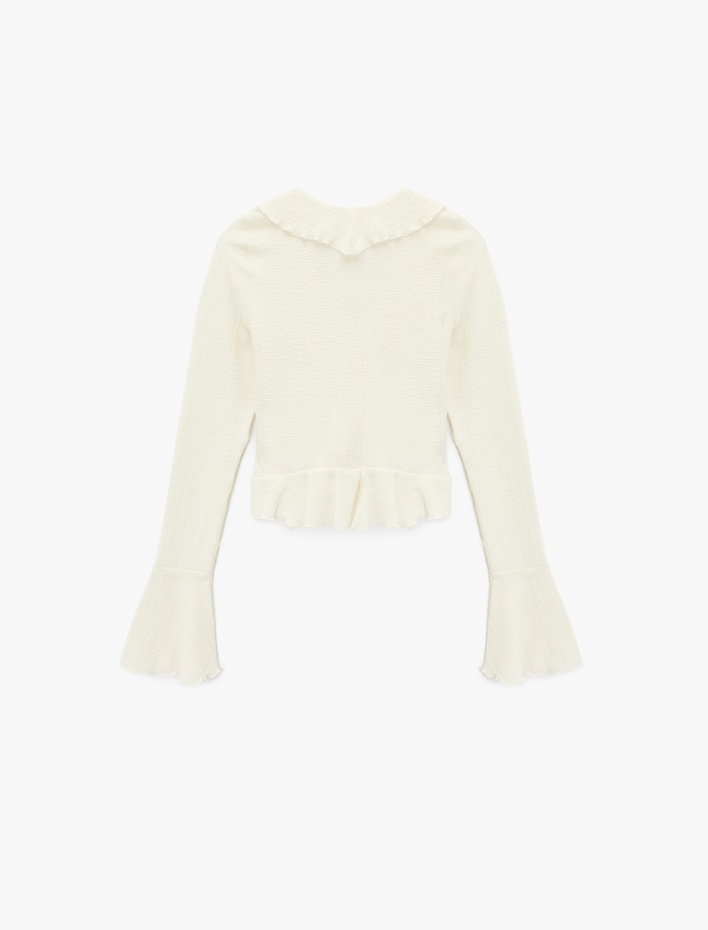  Fırfır Detaylı Uzun Kollu Slim Fit V Yaka Tişört