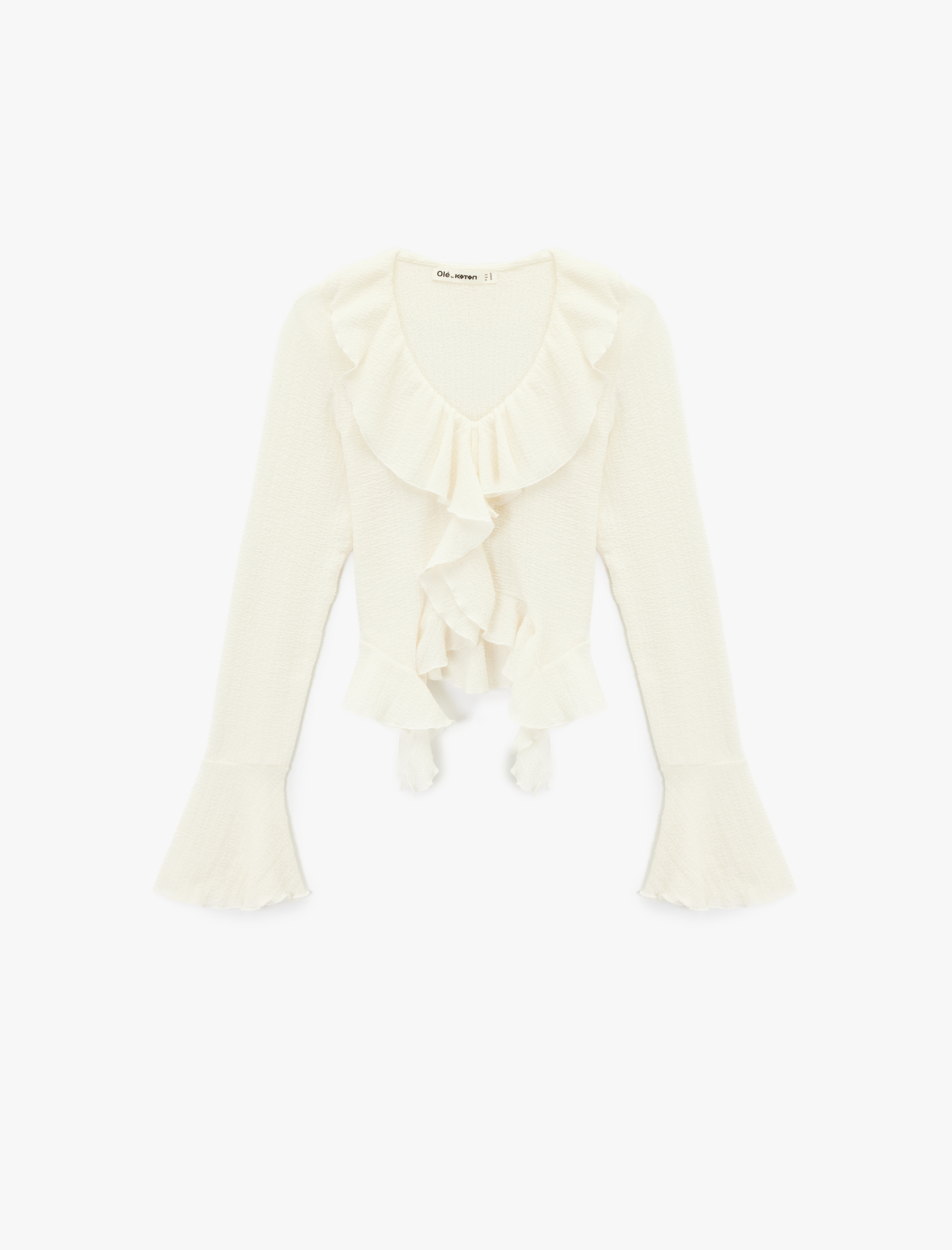   Fırfır Detaylı Uzun Kollu Slim Fit V Yaka Tişört