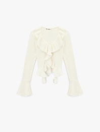 Fırfır Detaylı Uzun Kollu Slim Fit V Yaka Tişört