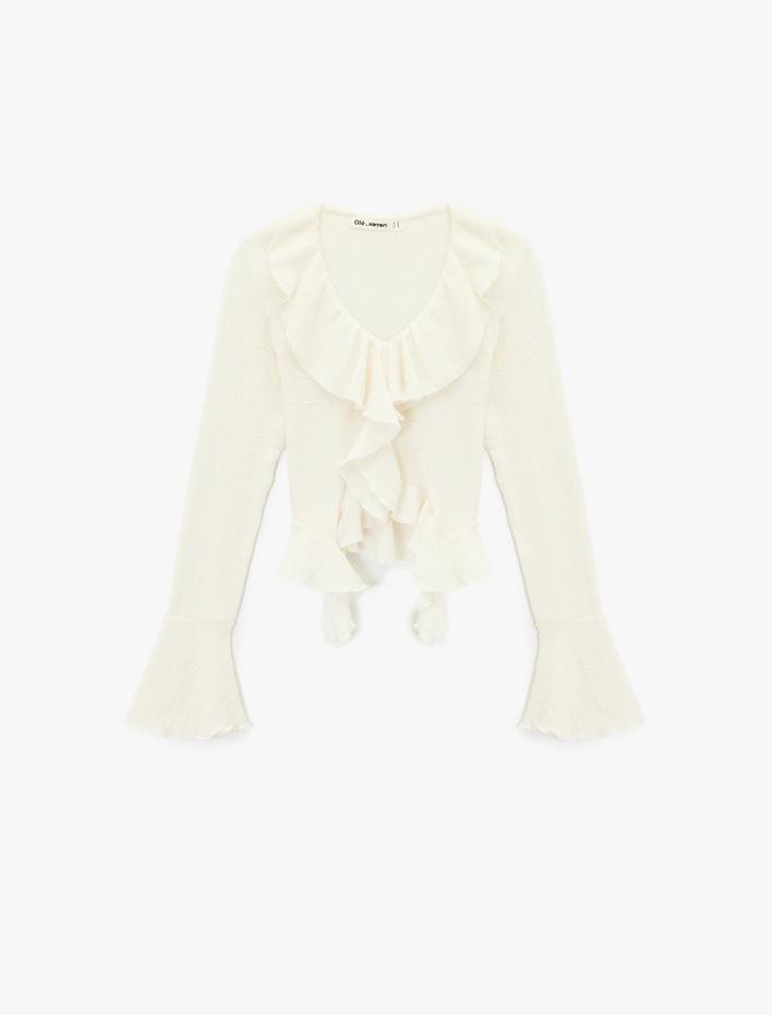  Fırfır Detaylı Uzun Kollu Slim Fit V Yaka Tişört