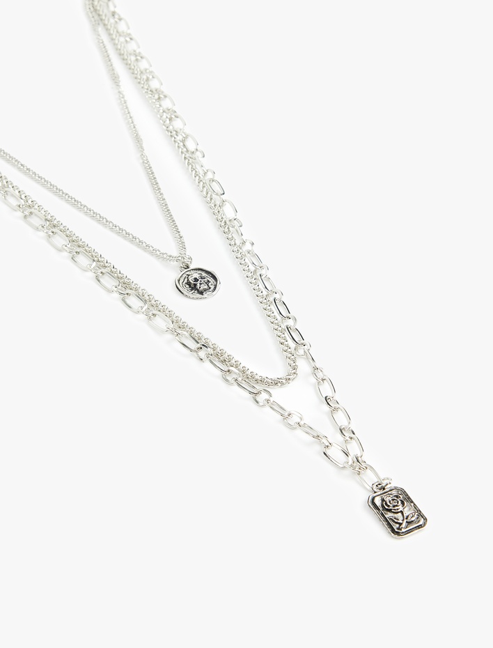 Erkek Charm Detaylı Çoklu Zincir Kolye