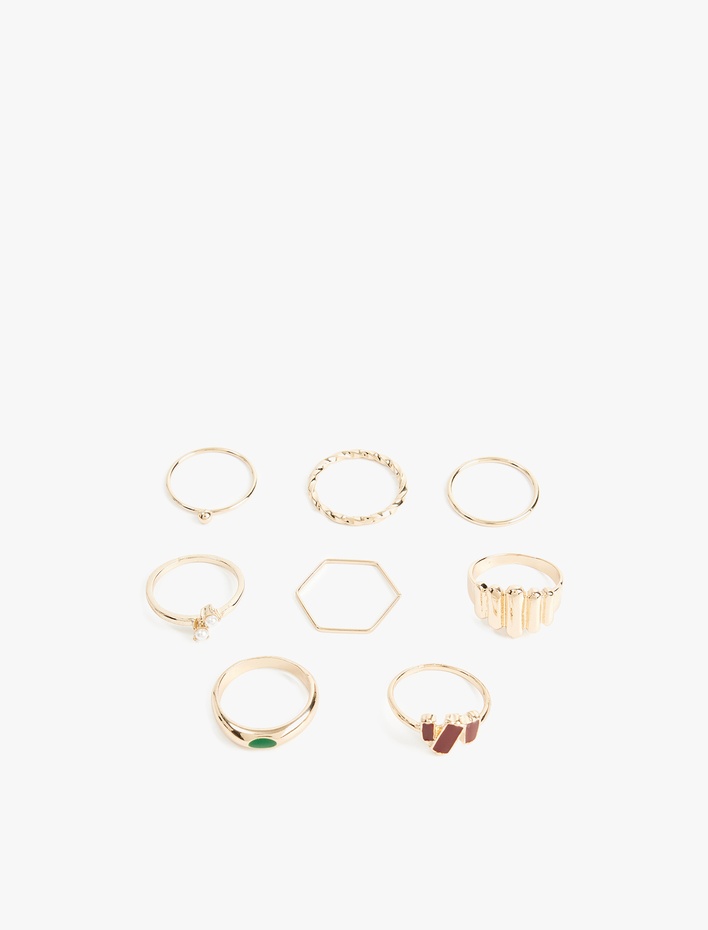 Kadın Çelik Karışımlı İnci Detaylı Çok Renkli 8'li Yüzük Seti