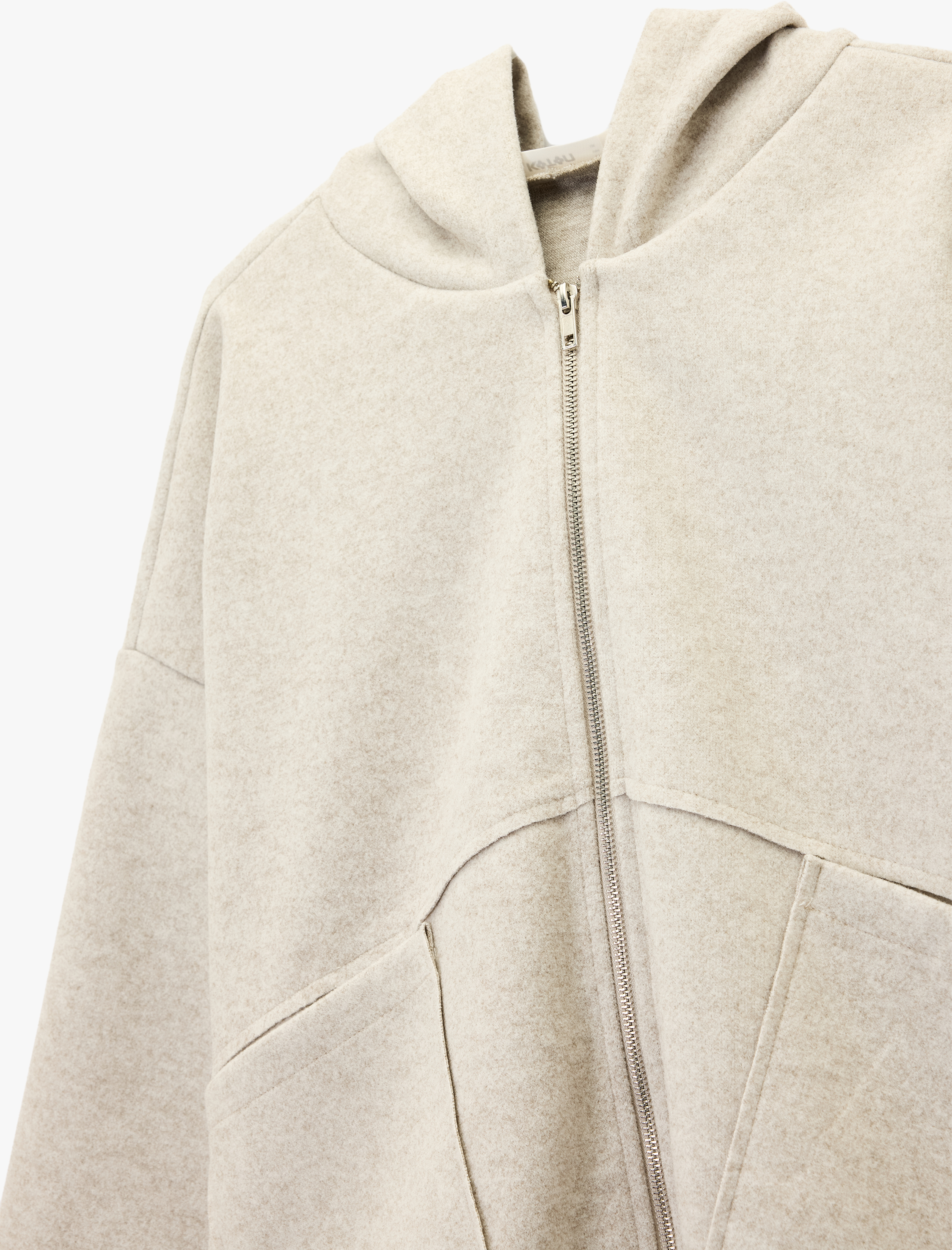   Uzun Kollu Cep Detaylı Fermuarlı Kapüşonlu Oversize Ceket