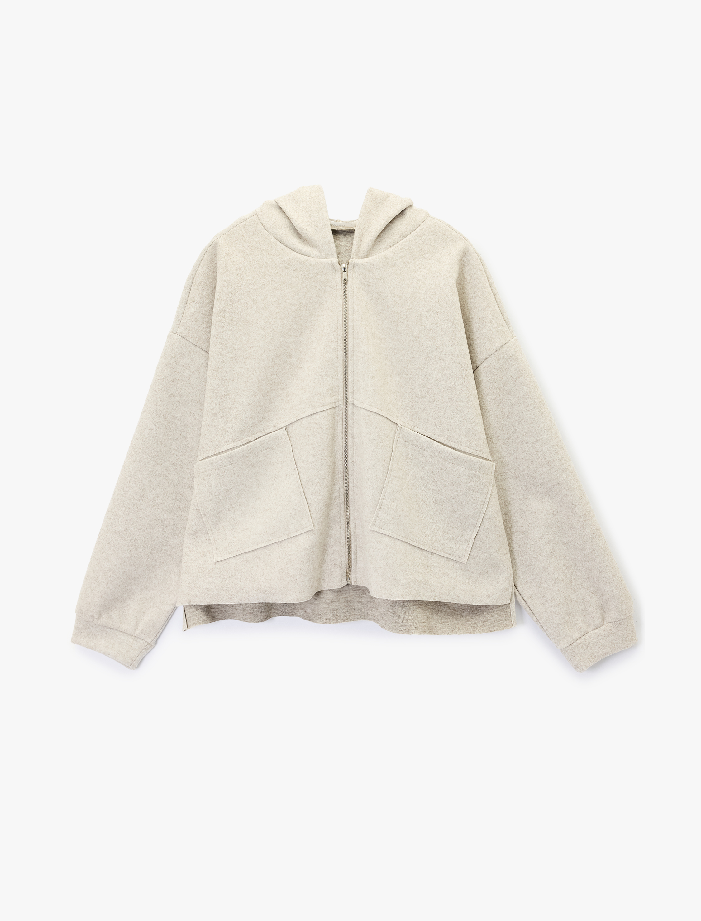   Uzun Kollu Cep Detaylı Fermuarlı Kapüşonlu Oversize Ceket