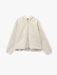 Uzun Kollu Cep Detaylı Fermuarlı Kapüşonlu Oversize Ceket