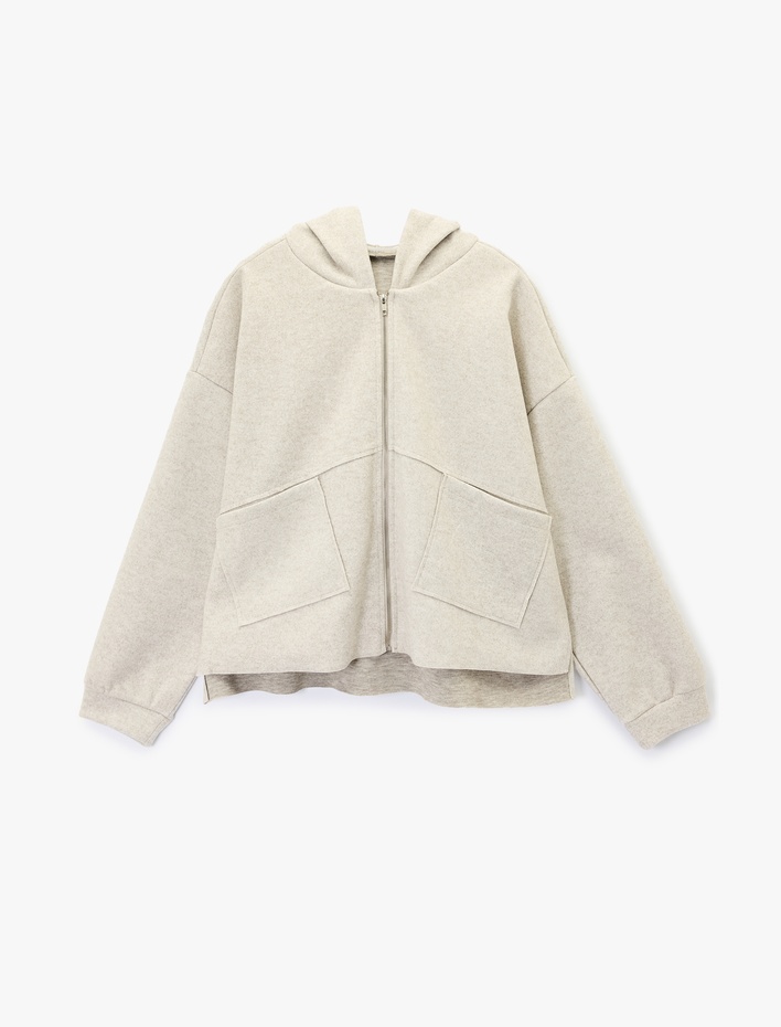  Uzun Kollu Cep Detaylı Fermuarlı Kapüşonlu Oversize Ceket