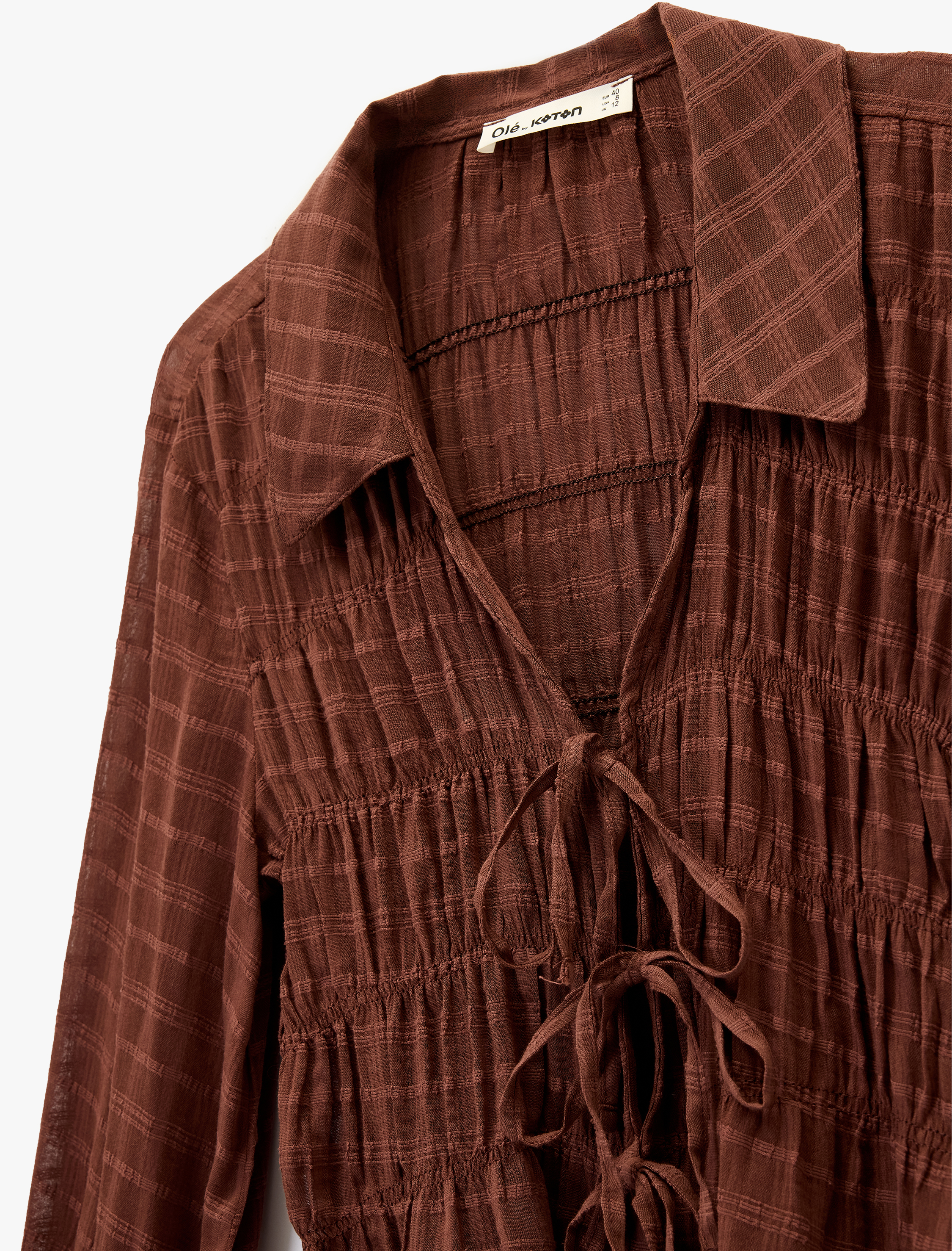   Fiyonklu Bağlama Detaylı Uzun Balon Kollu Gömlek Yaka Ekoseli Bluz