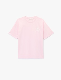 Kısa Kollu Pamuklu Bisiklet Yaka Arkası Baskılı Oversize Tişört