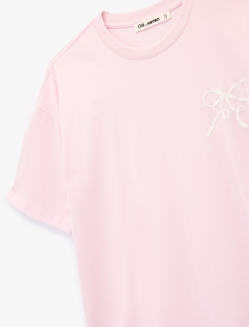 Pembe Kısa Kollu Pamuklu Bisiklet Yaka Arkası Baskılı Oversize