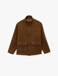 Regular Fit Kapaklı Cepli Düğmeli Dik Yaka Kaşe Ceket