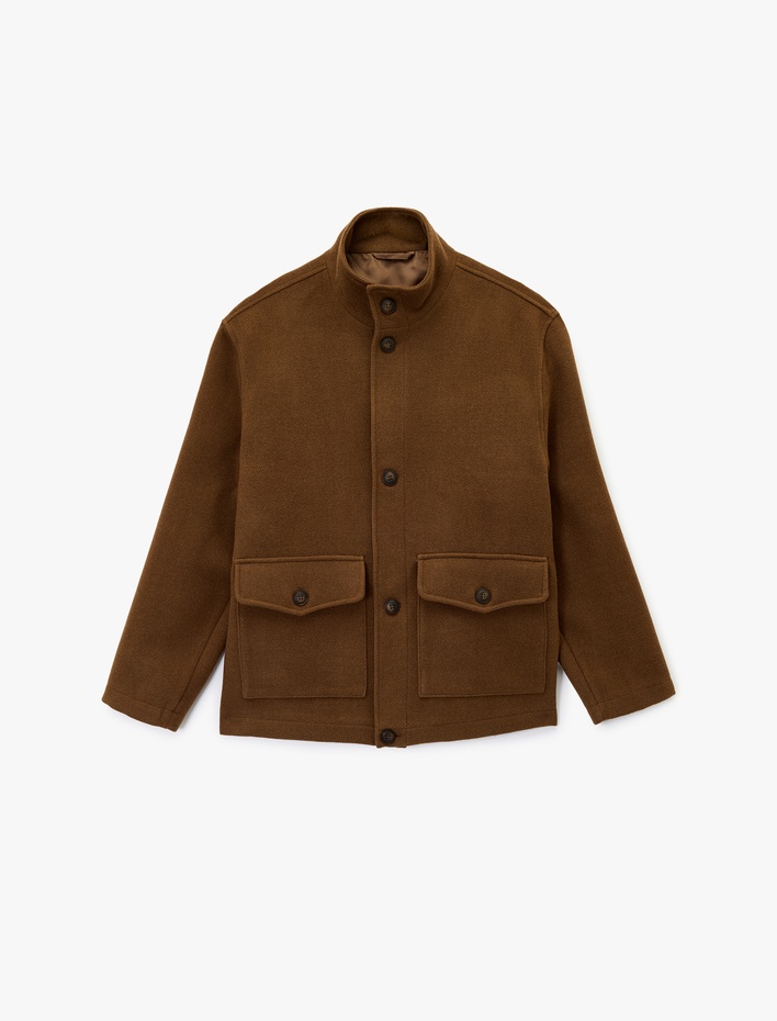  Regular Fit Kapaklı Cepli Düğmeli Dik Yaka Kaşe Ceket