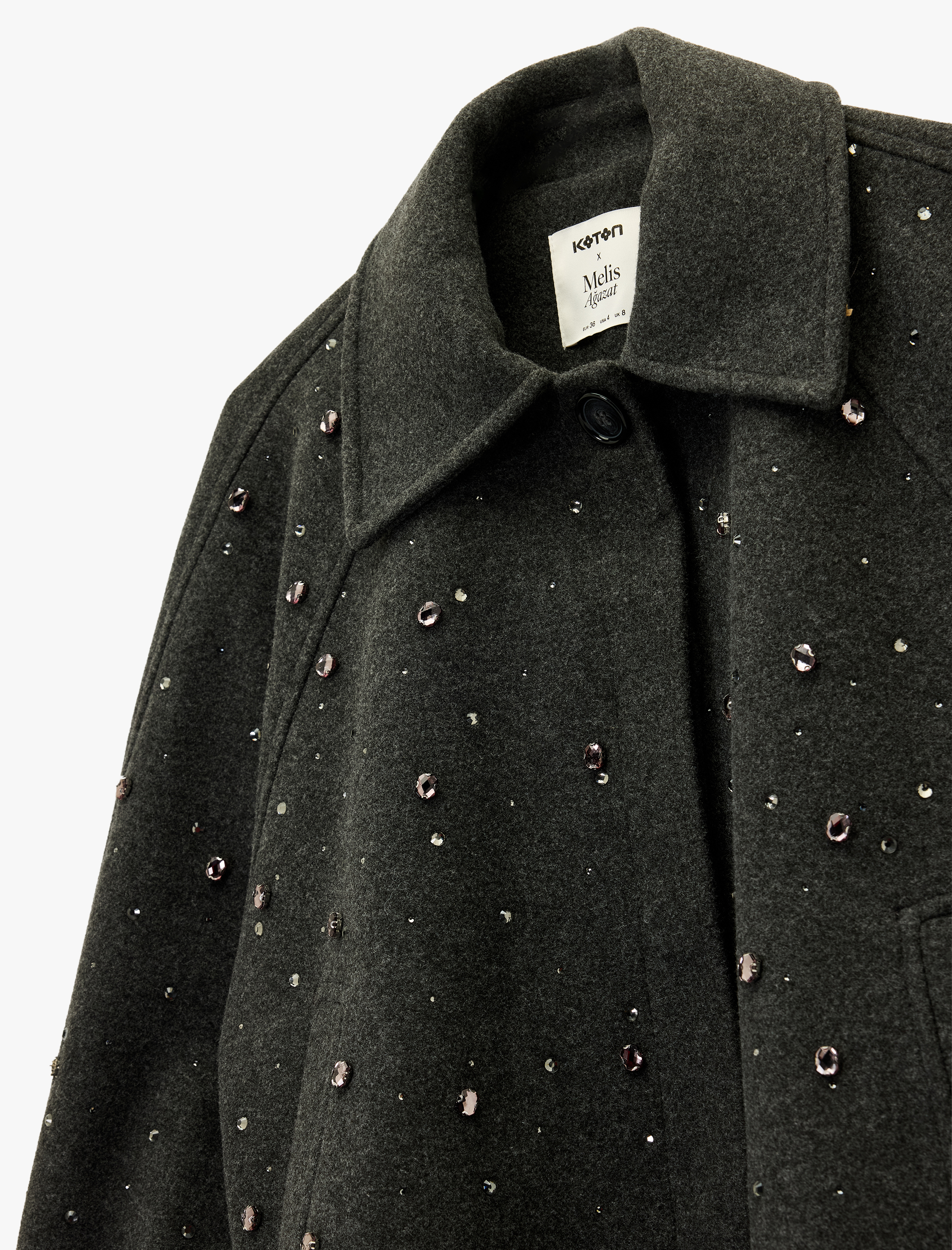   Koton X Melis Ağazat - Uzun Kollu Cepli Düğmeli Taşlı Kaşe Ceket