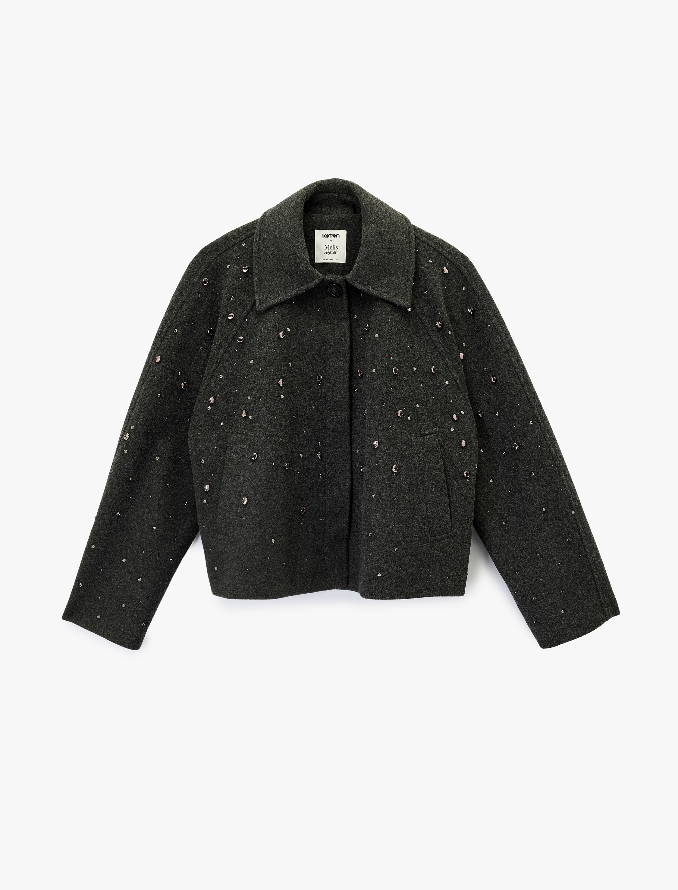   Koton X Melis Ağazat - Uzun Kollu Cepli Düğmeli Taşlı Kaşe Ceket