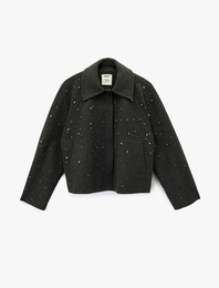 Koton X Melis Ağazat - Uzun Kollu Cepli Düğmeli Taşlı Kaşe Ceket