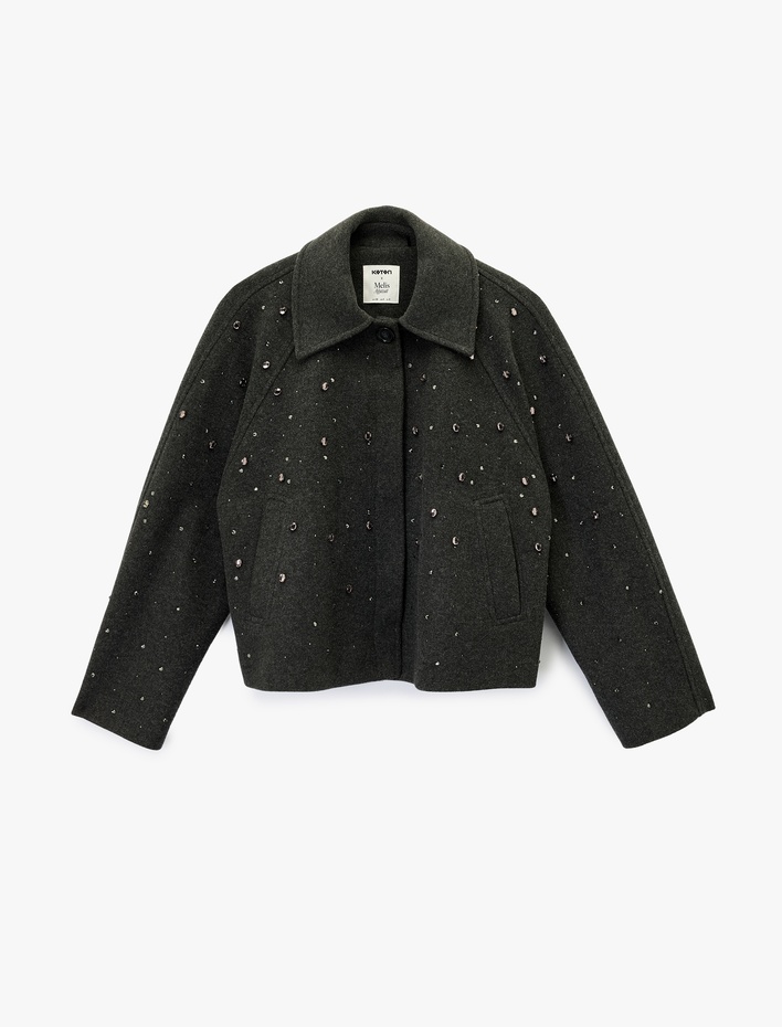  Koton X Melis Ağazat - Uzun Kollu Cepli Düğmeli Taşlı Kaşe Ceket