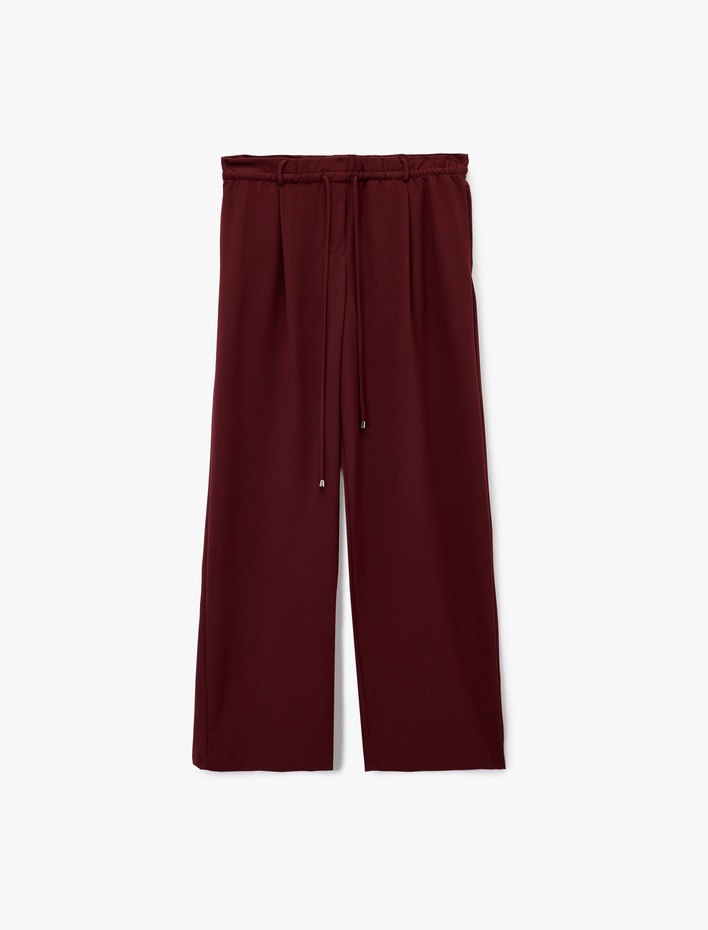  Beli Bağcıklı Cepli Düz Geniş Paça Pantolon