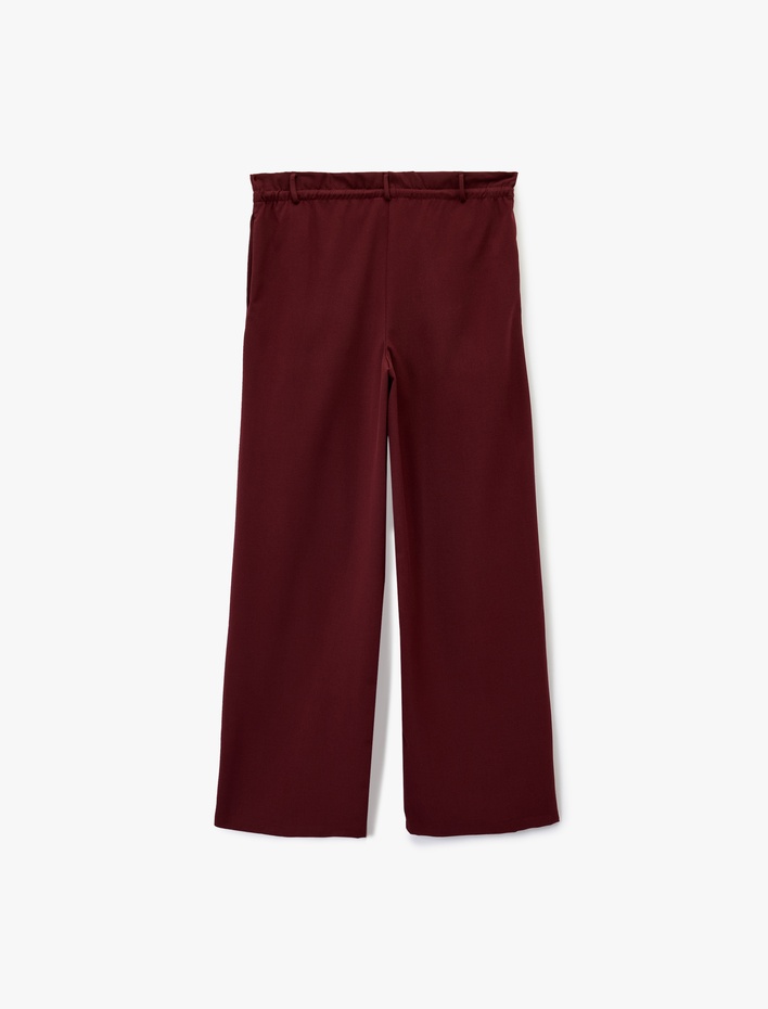  Beli Bağcıklı Cepli Düz Geniş Paça Pantolon