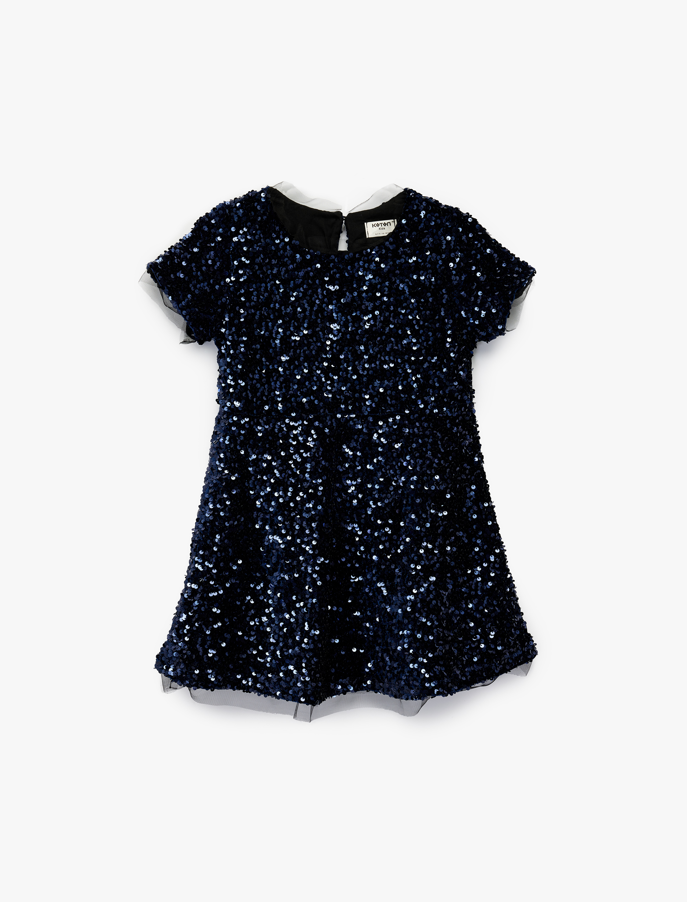  Kız Çocuk Parlak Pullu Payetli Bisiklet Yaka Kısa Kollu Yılbaşı Elbisesi