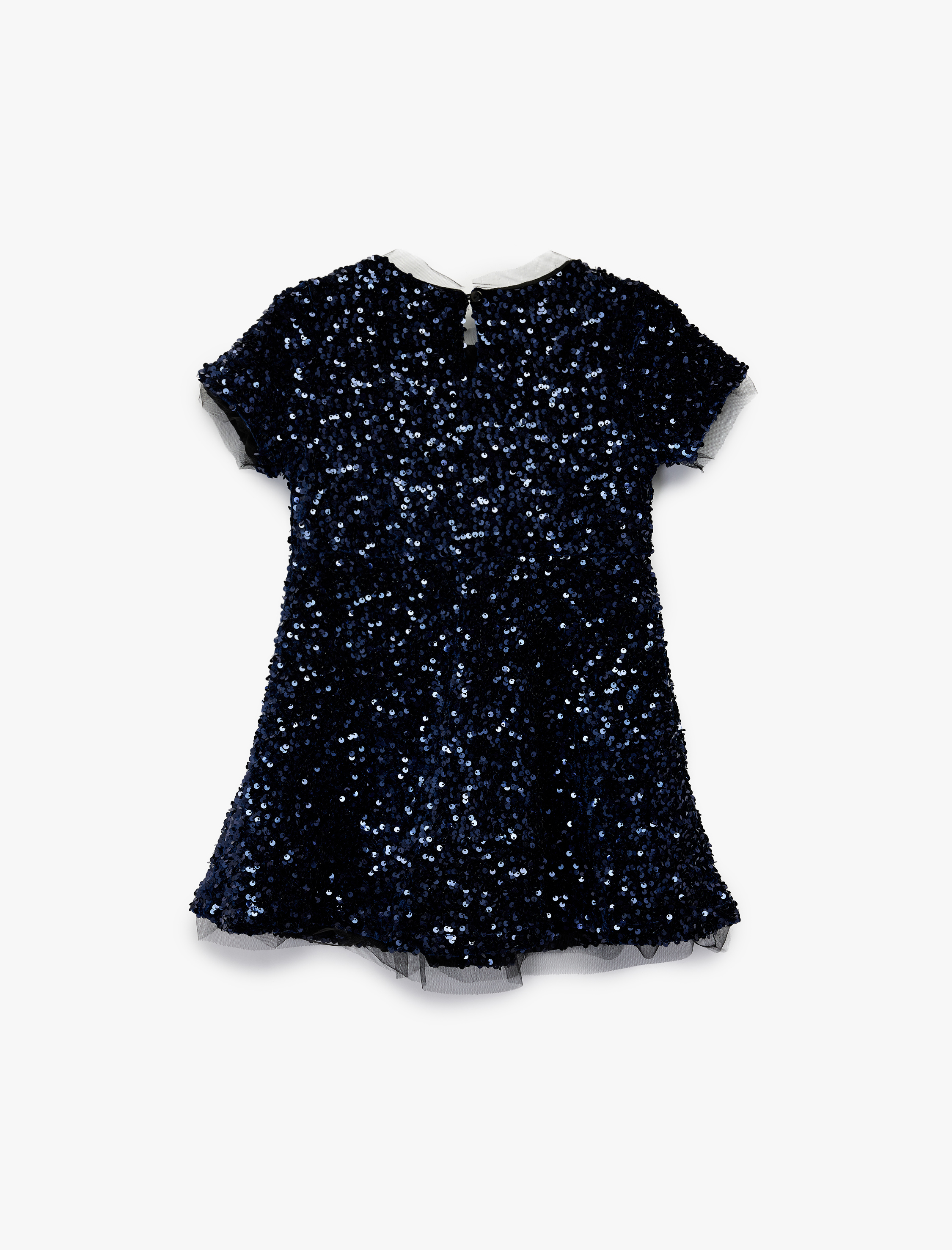  Kız Çocuk Parlak Pullu Payetli Bisiklet Yaka Kısa Kollu Yılbaşı Elbisesi