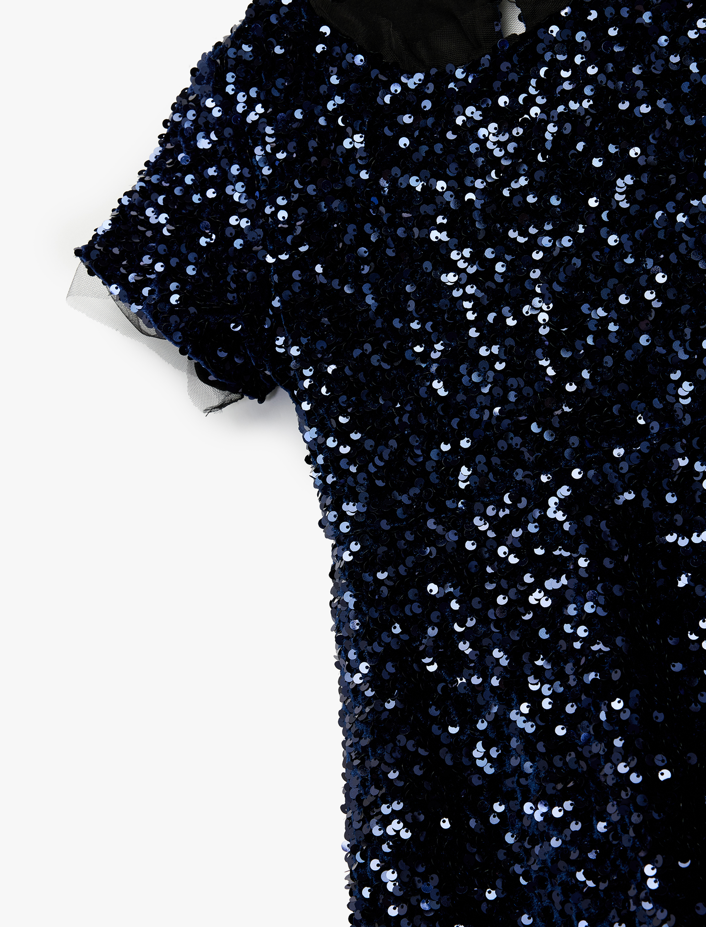  Kız Çocuk Parlak Pullu Payetli Bisiklet Yaka Kısa Kollu Yılbaşı Elbisesi