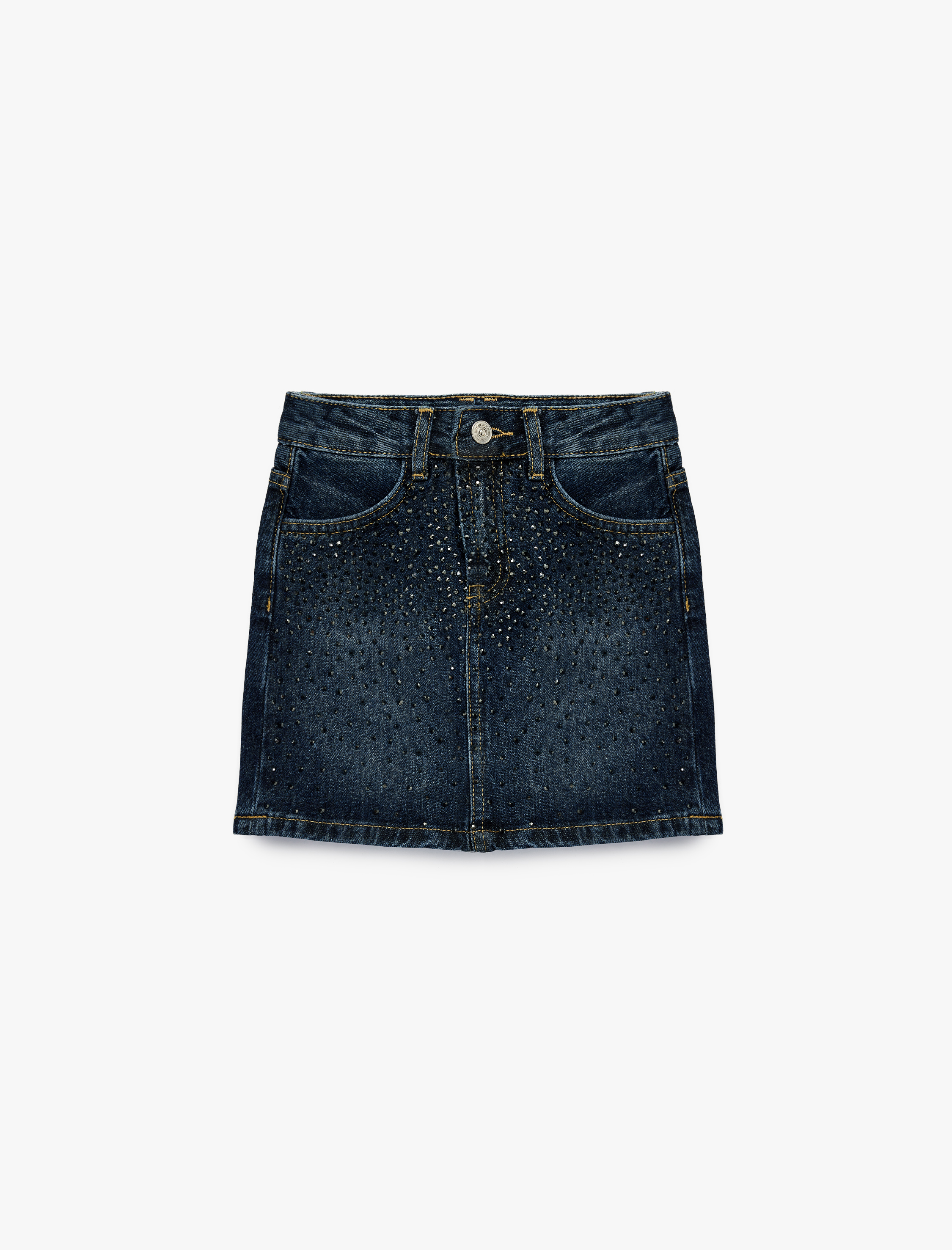  Kız Çocuk Pamuklu Cepli Taş Detaylı Mini Denim Etek