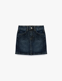 Pamuklu Cepli Taş Detaylı Mini Denim Etek