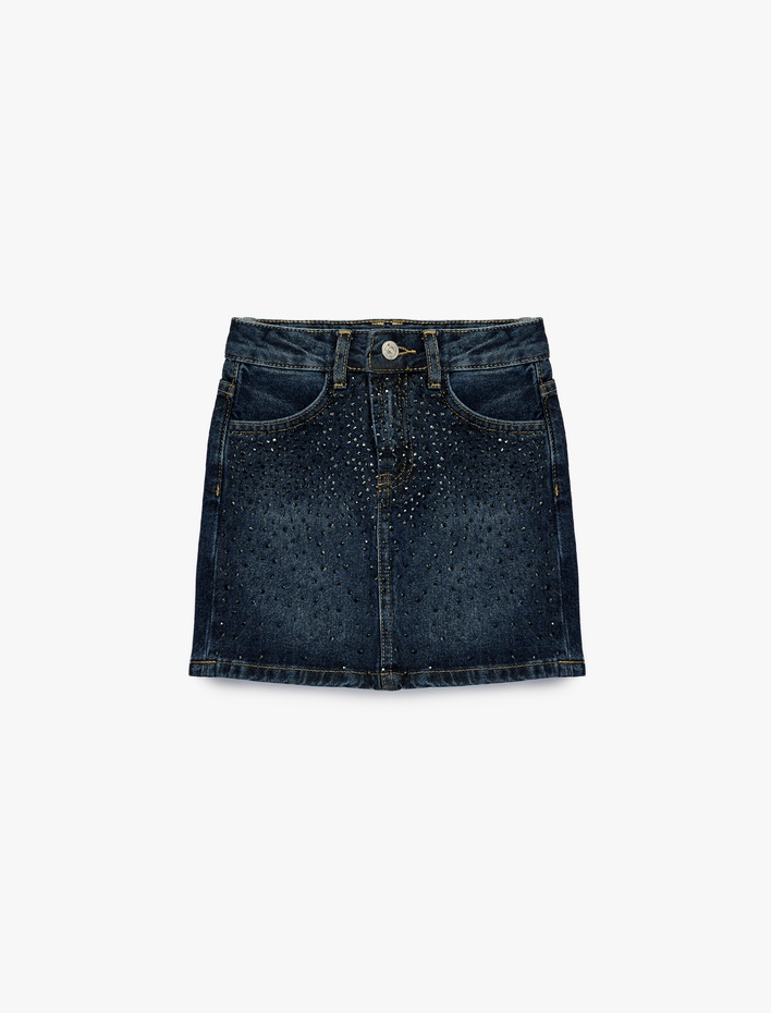 Kız Çocuk Pamuklu Cepli Taş Detaylı Mini Denim Etek