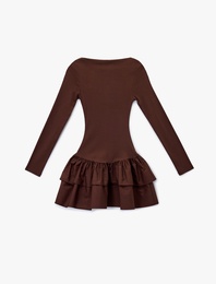 Uzun Kollu Bisiklet Yaka Katlı Volanlı Bodycon Mini Elbise