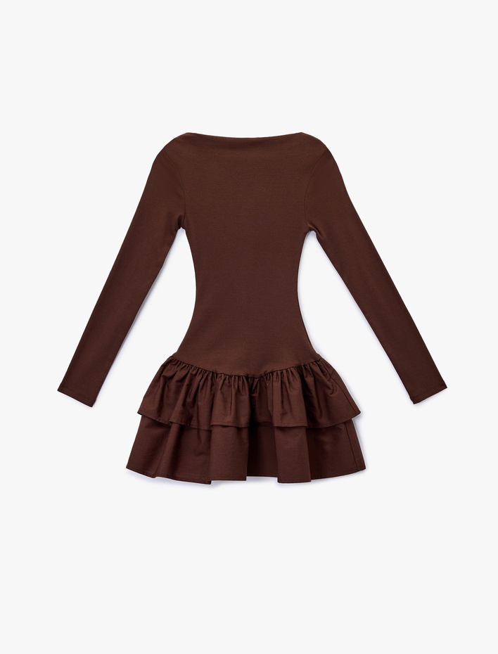  Uzun Kollu Bisiklet Yaka Katlı Volanlı Bodycon Mini Elbise