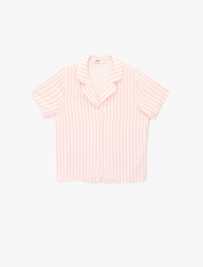  Gömlek Yaka Kısa Kollu Viskon Çizgili Pijama Üstü