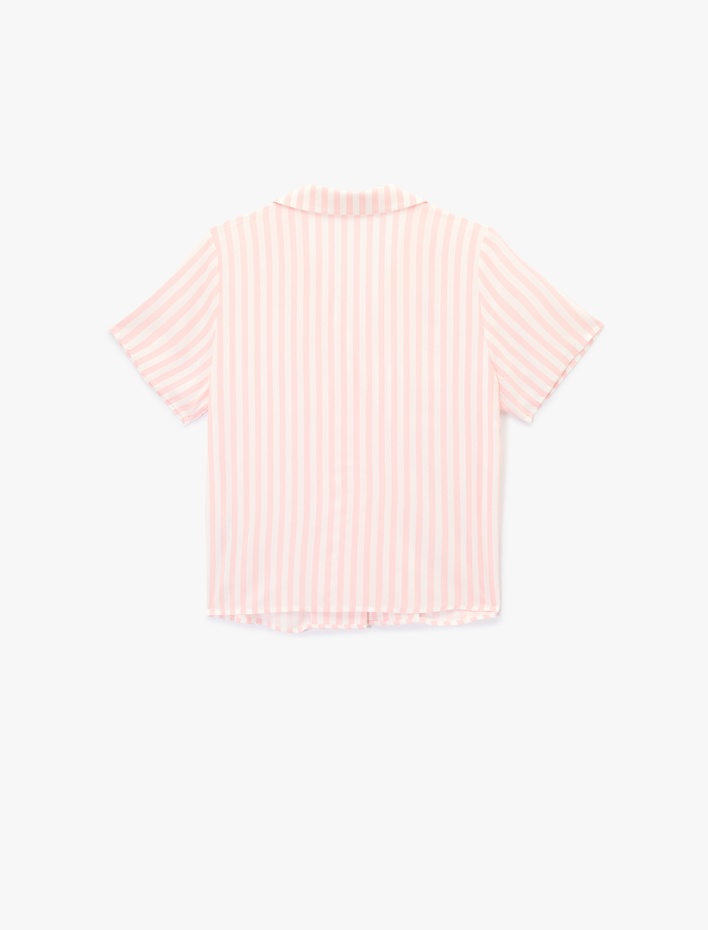  Gömlek Yaka Kısa Kollu Viskon Çizgili Pijama Üstü