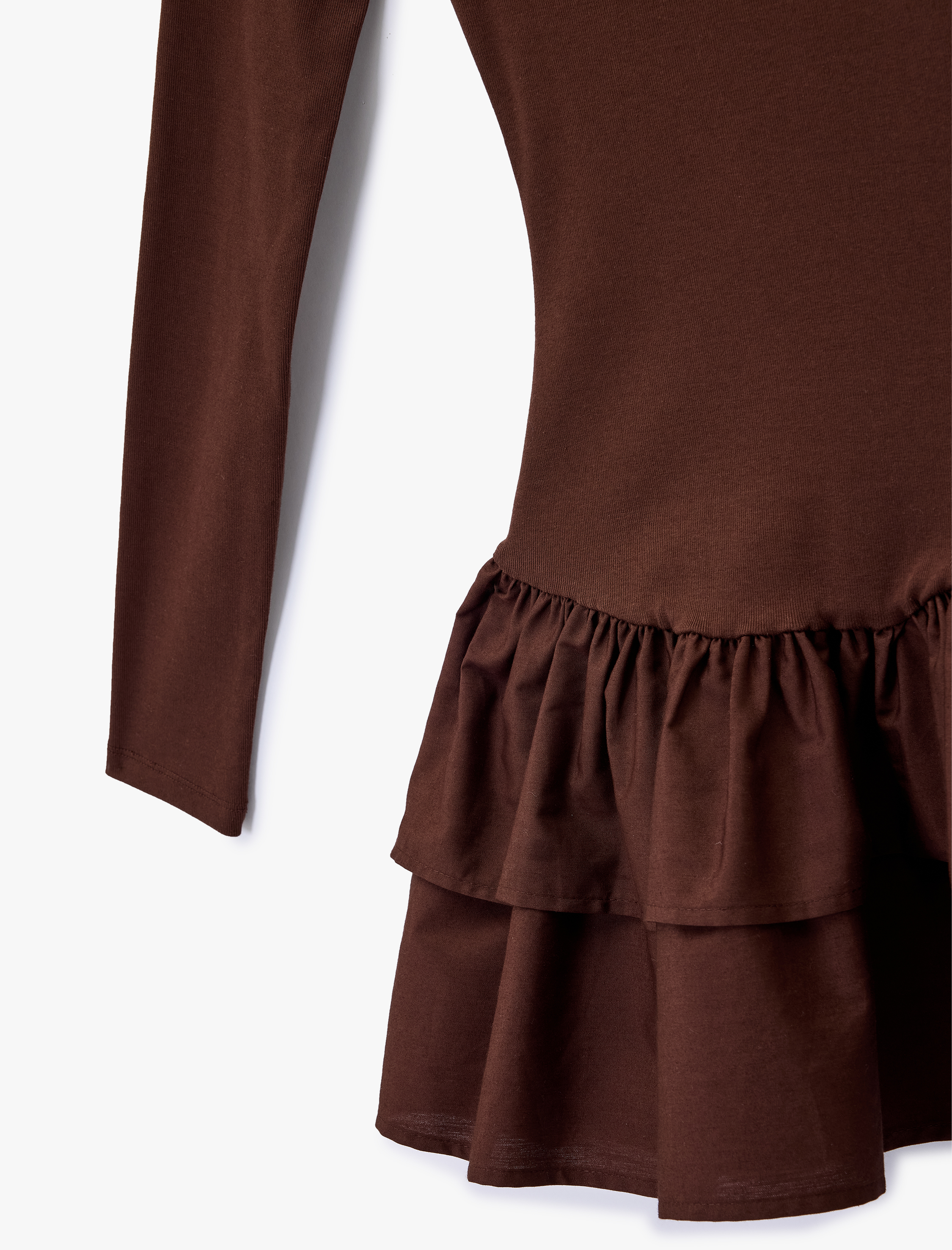   Uzun Kollu Bisiklet Yaka Katlı Volanlı Bodycon Mini Elbise