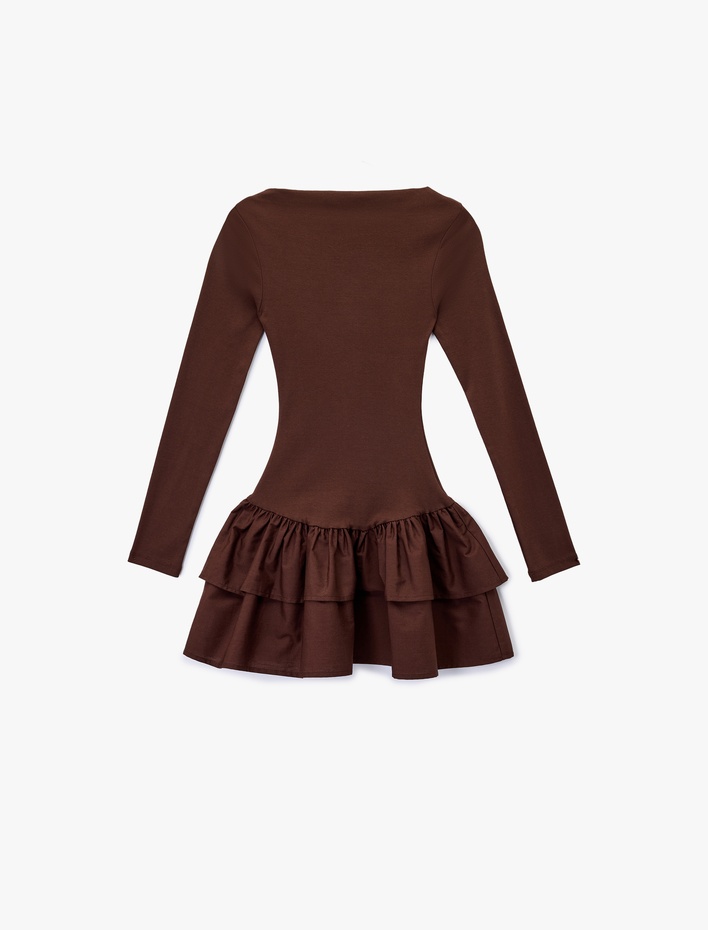  Uzun Kollu Bisiklet Yaka Katlı Volanlı Bodycon Mini Elbise