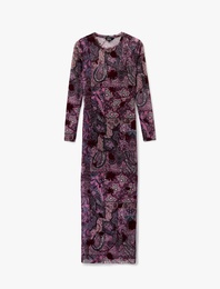 Slim Fit Uzun Kollu Bisiklet Yaka Midi Boy Floral Desenli Kalem Elbise