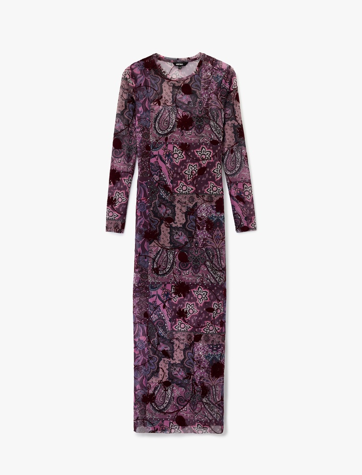  Slim Fit Uzun Kollu Bisiklet Yaka Midi Boy Floral Desenli Kalem Elbise