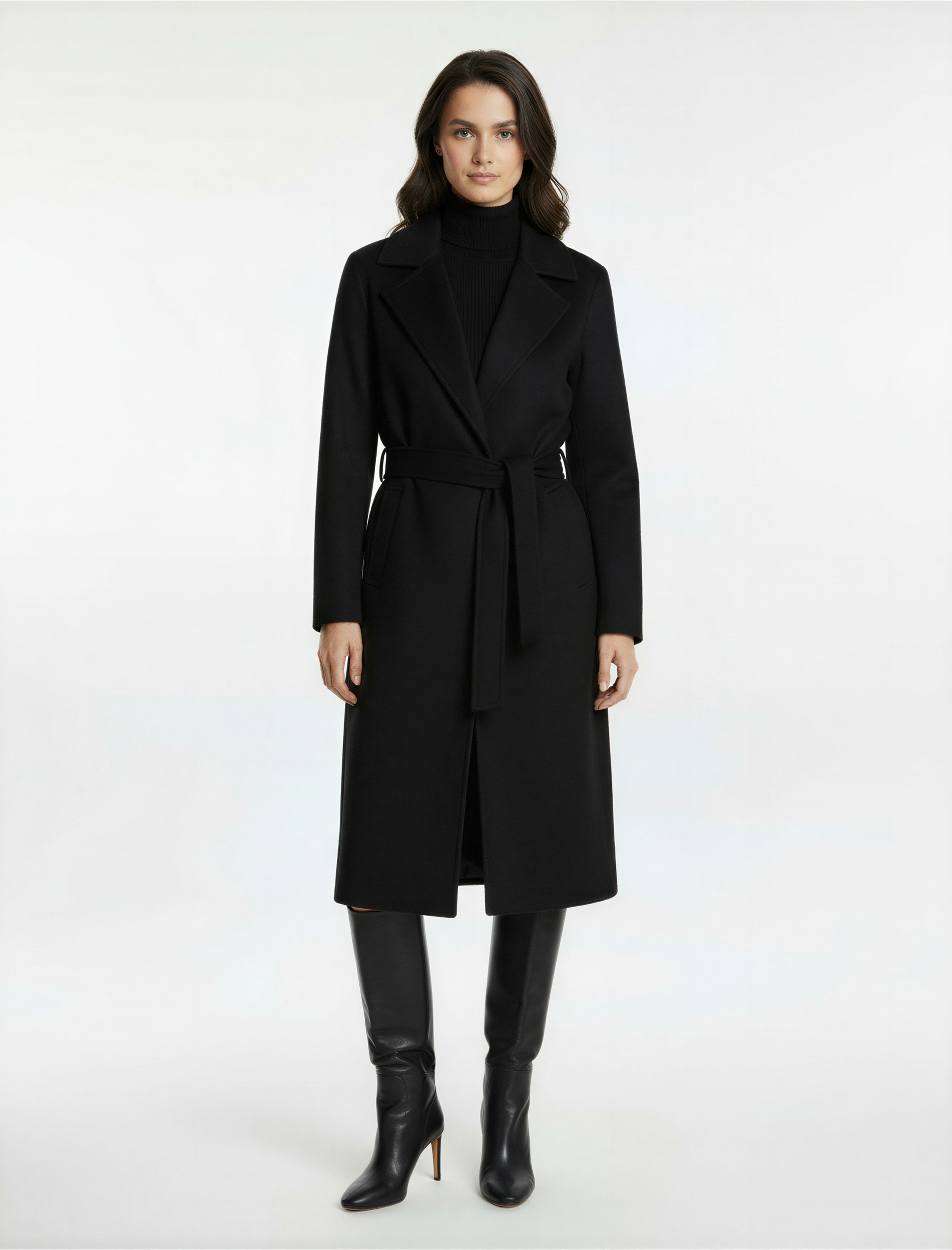   Uzun Kollu Cepli Kemerli Uzun Kaşe Kaban