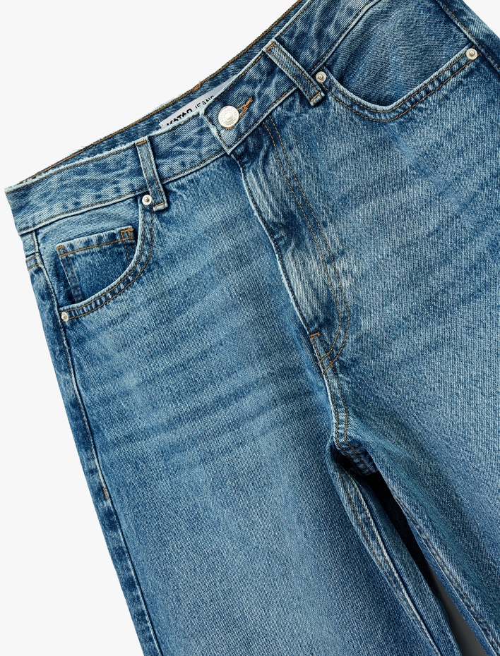  Pamuklu Cepli Düğmeli Normal Bel Baggy Jean Pantolon - Baggy Jeans