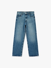 Pamuklu Cepli Düğmeli Normal Bel Baggy Jean Pantolon - Baggy Jeans