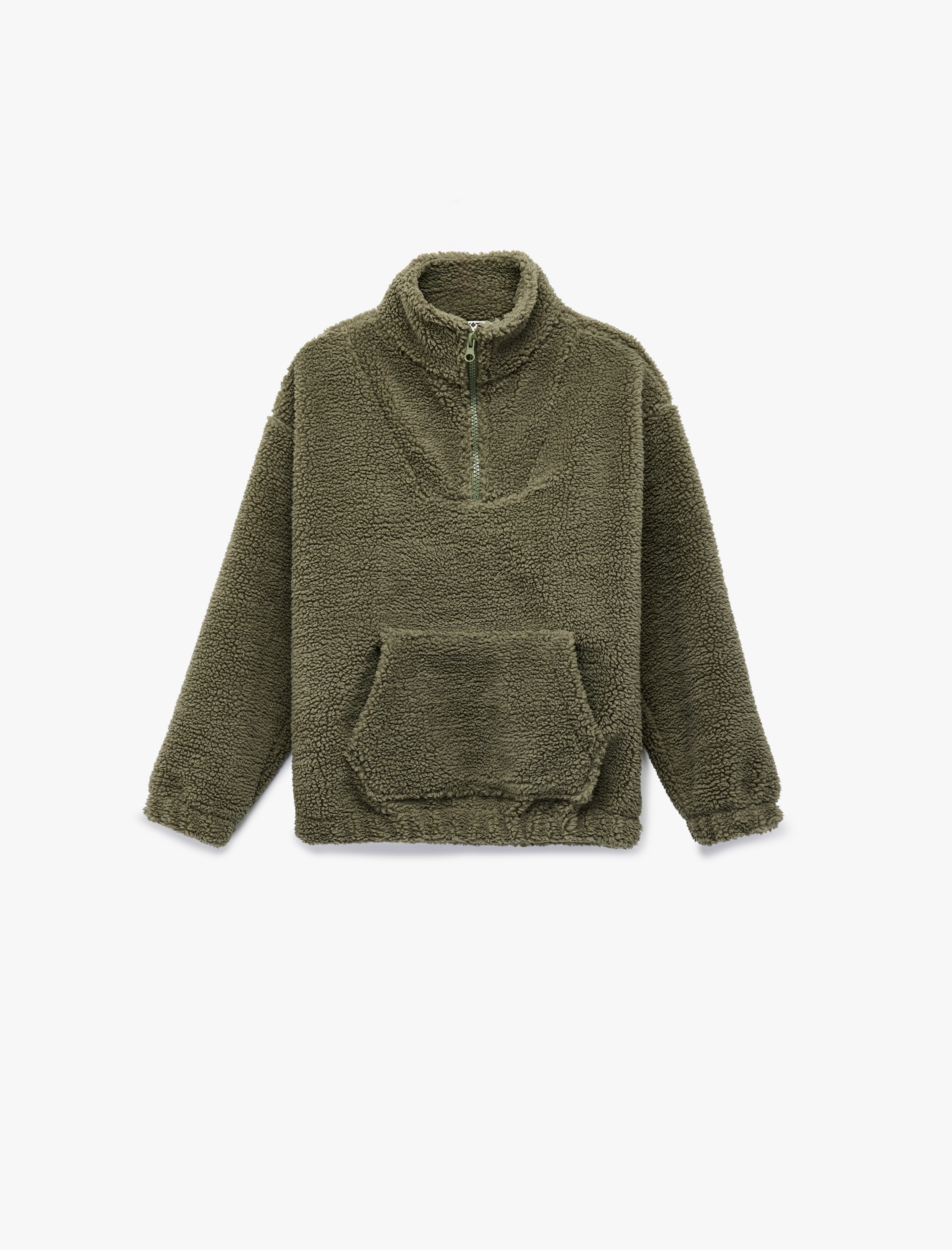  Erkek Çocuk Uzun Kollu Dik Yaka Kanguru Cepli Yarım Fermuarlı Peluş Sweatshirt