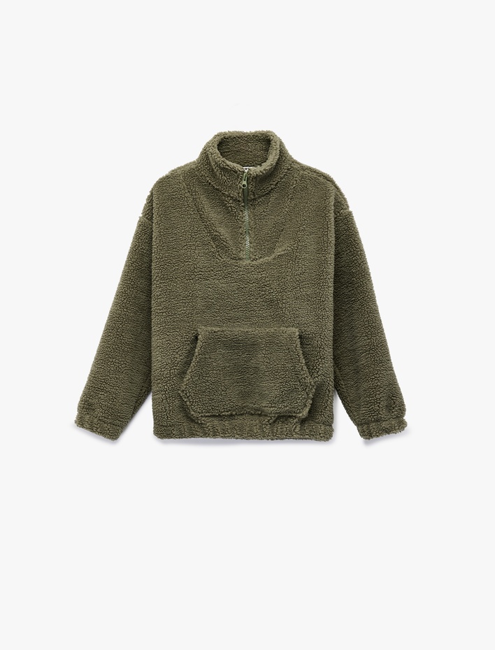 Erkek Çocuk Uzun Kollu Dik Yaka Kanguru Cepli Yarım Fermuarlı Peluş Sweatshirt