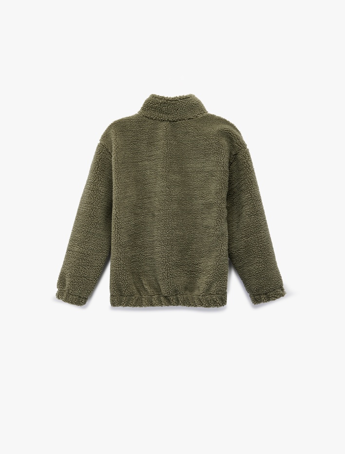 Erkek Çocuk Uzun Kollu Dik Yaka Kanguru Cepli Yarım Fermuarlı Peluş Sweatshirt