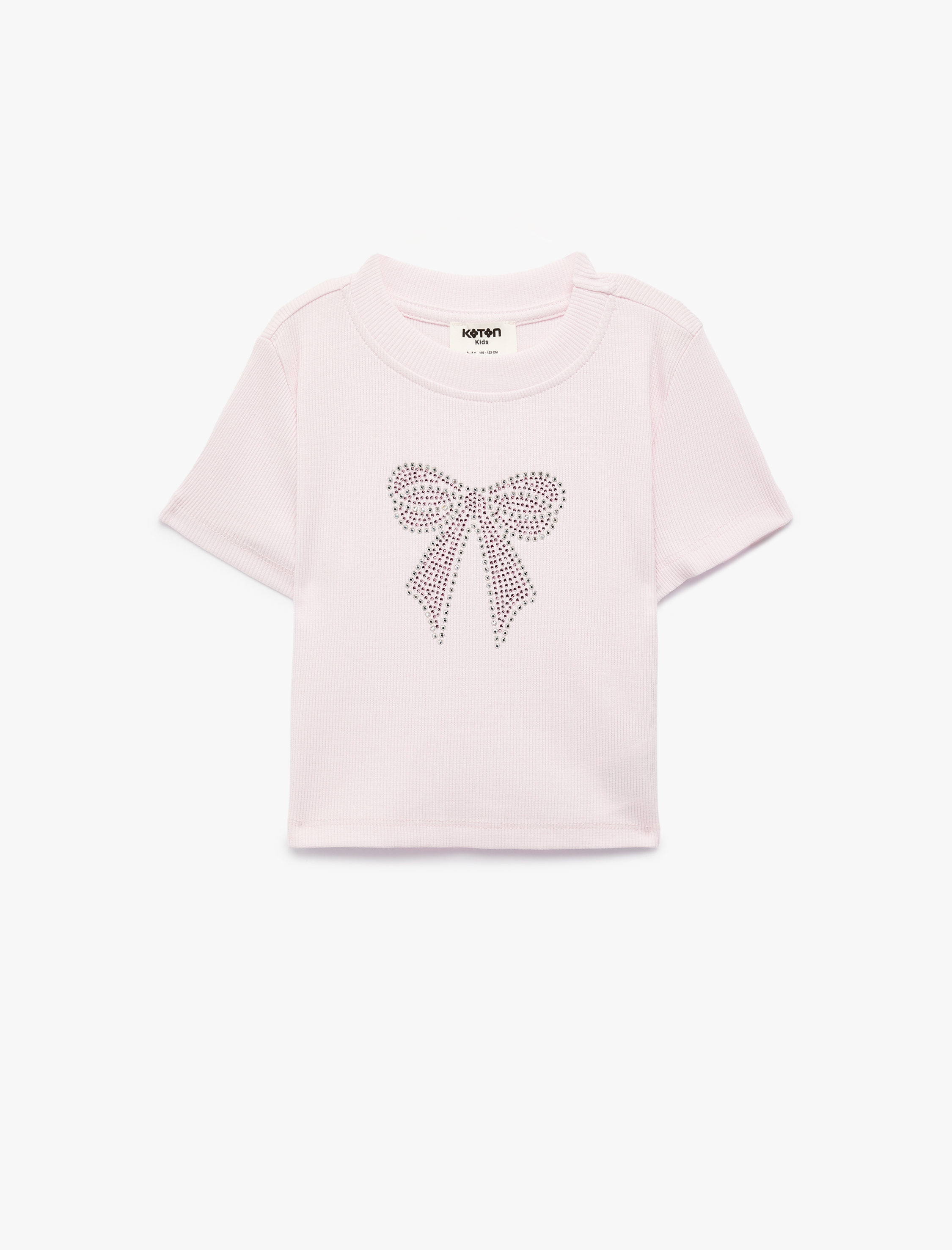  Kız Çocuk Pamuklu Taş Detaylı Kısa Kollu Bisiklet Yaka Fiyonk Baskılı Tişört