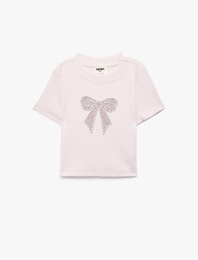 Pamuklu Taş Detaylı Kısa Kollu Bisiklet Yaka Fiyonk Baskılı Tişört